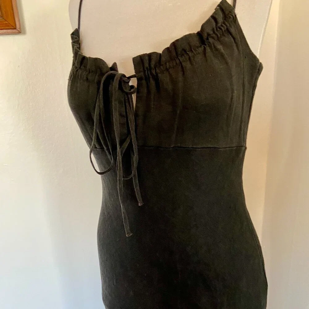 VTG 90s 2000 y2k Black Maxi Midi 100% Linen Milk Maid Dress Potrait Tie Sun Med - Picture 11 of 15